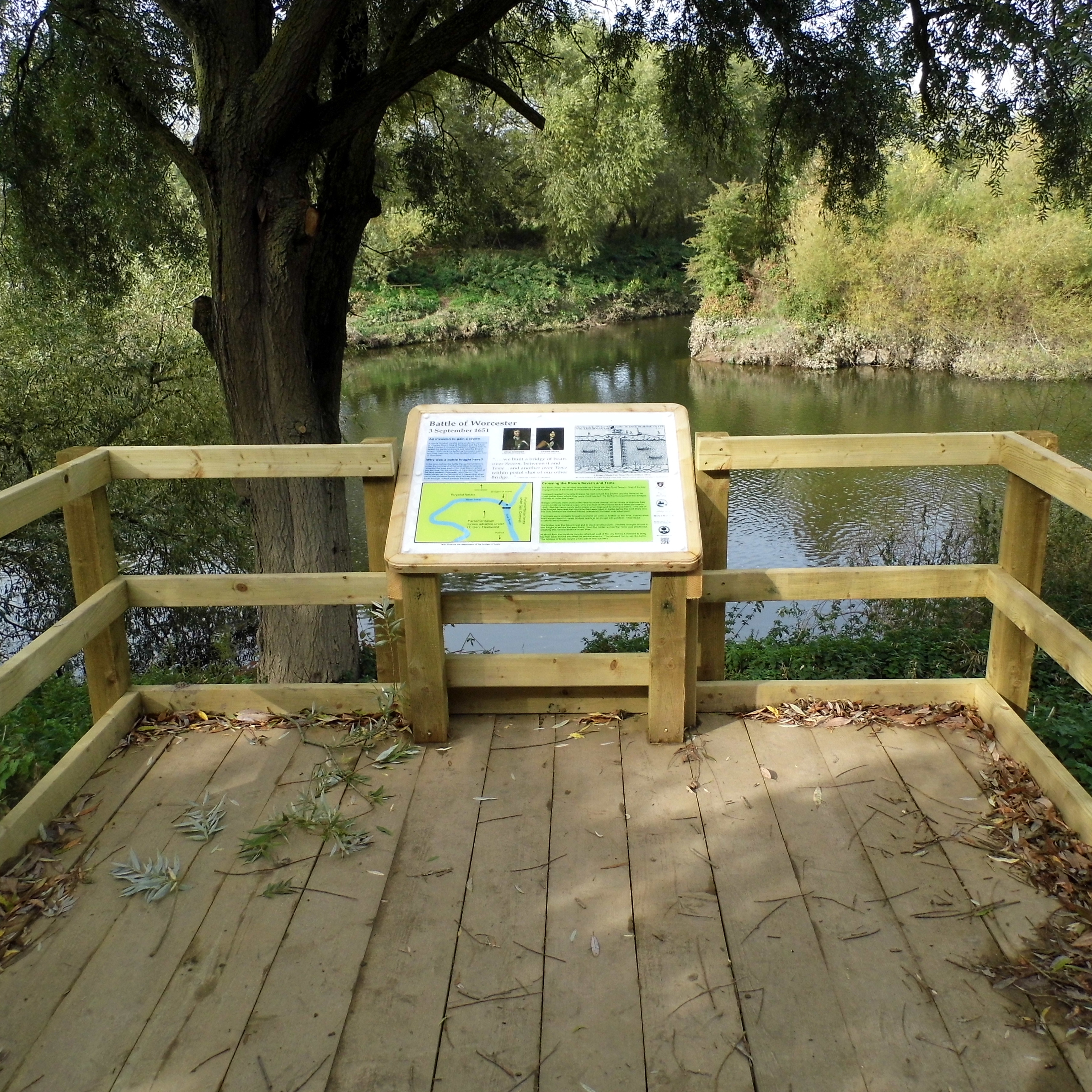 The information board at the confluence of the rivers Teme and Severn near where Cromwell built his bridge of boats The information board at the confluence of the rivers Teme and Severn near where Cromwell built his bridge of boats