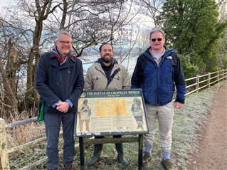 Sean Woodcock MP with Battlefields Trust local member Nigel Smith and the Trust's Research Coordinator, Simon Marsh, at Cropredy Bridge