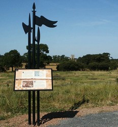 A distinctive design has been given to the interpretive installations on Shrewsbury battlefield. The panel here is the one on the viewing mound, sowing the prospect across the battlefield to Battlefield church.