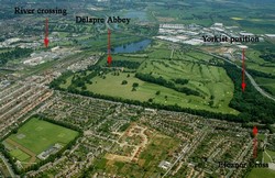 An aerial view of the battlefield looking east. Emparking in the 18th century has saved the battlefield from development which has now encompassed it on all sides as a result of 19th and 20th century expansion. The London Road bounds the site on the near side. The parallel boundary forming the distant edge of the park and golf course is the line of what in the  medieval period was a lesser road into the town, via Derngate. Where that road crossed the Nene may prove to be the Sandyford where many of the fleeing Lancastrian troops were drowned.