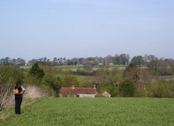 Looking north west from the former Wagg Field in Pibsbury open fields, acrosss the valley of Wagg Rhyne, to the hilltop of Ham Down, where the royalist cavalry deployed. This is the central of the three alternative locations for the battle.